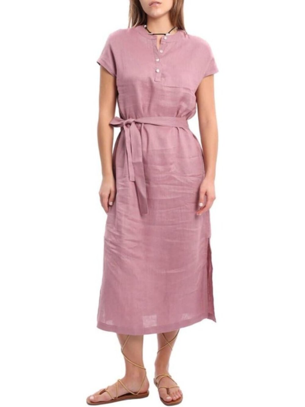 Linen Banded Collar Midi Dress for Women | Stylish Slits & Comfortable Fit